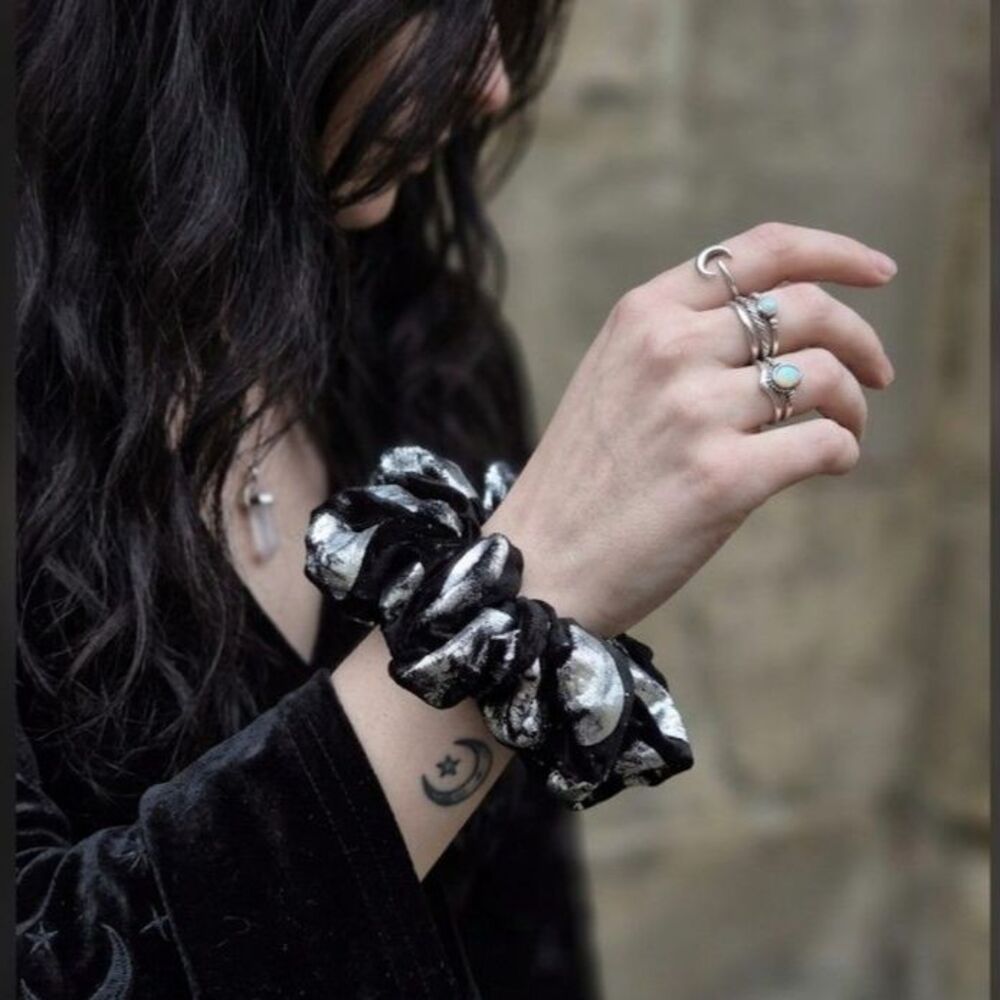 Black Velvet Moon Phases Scrunchie - Goth Witchy XL Hair Accessory